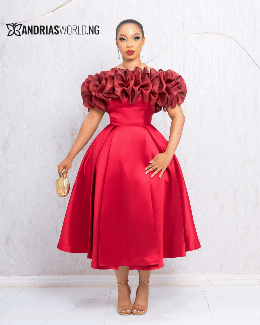 RED MIKADO SKATER DRESS WITH ORGANZA
